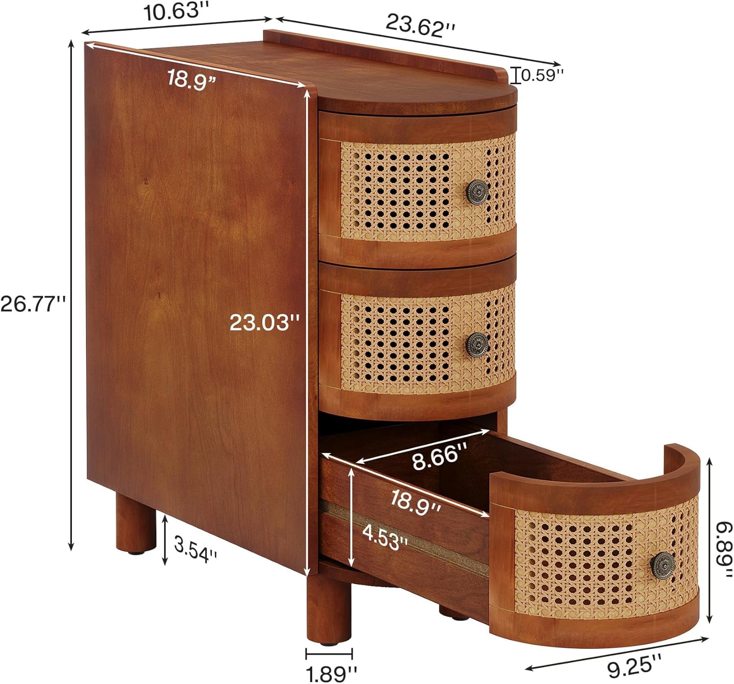 Tribesigns 3-Drawer Rattan End Table, Solid Wood Sofa Side Table with Vintage Embossed Handles for Living Room, Bedroom, No Assembly, Walnut & Oak