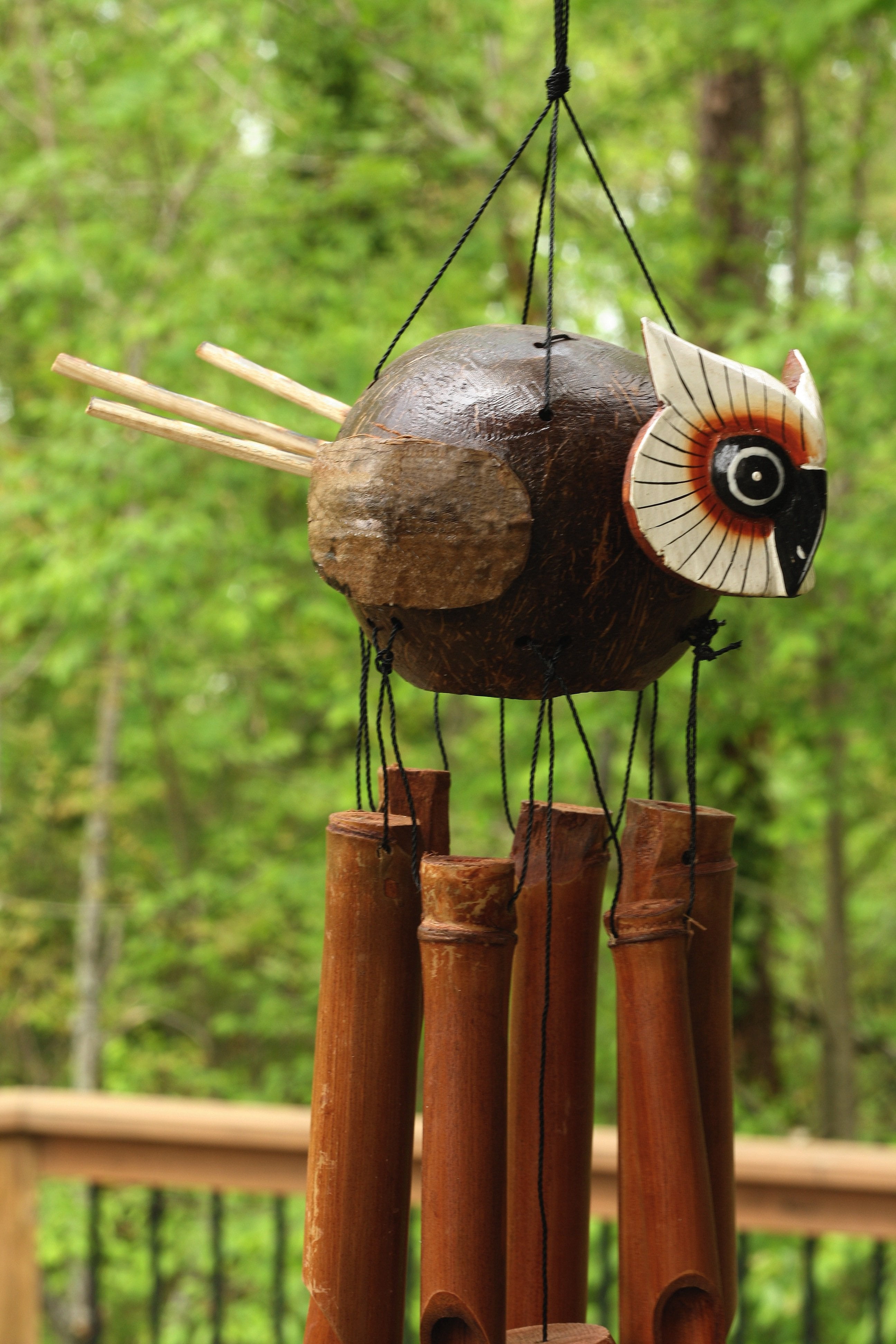 Handmade Wooden Flying Owl Bamboo Wind Chime Wood Statue Figurine Hoot Sculpture Decorative Rustic Patio Garden Outdoor Decor Handcrafted Decoration