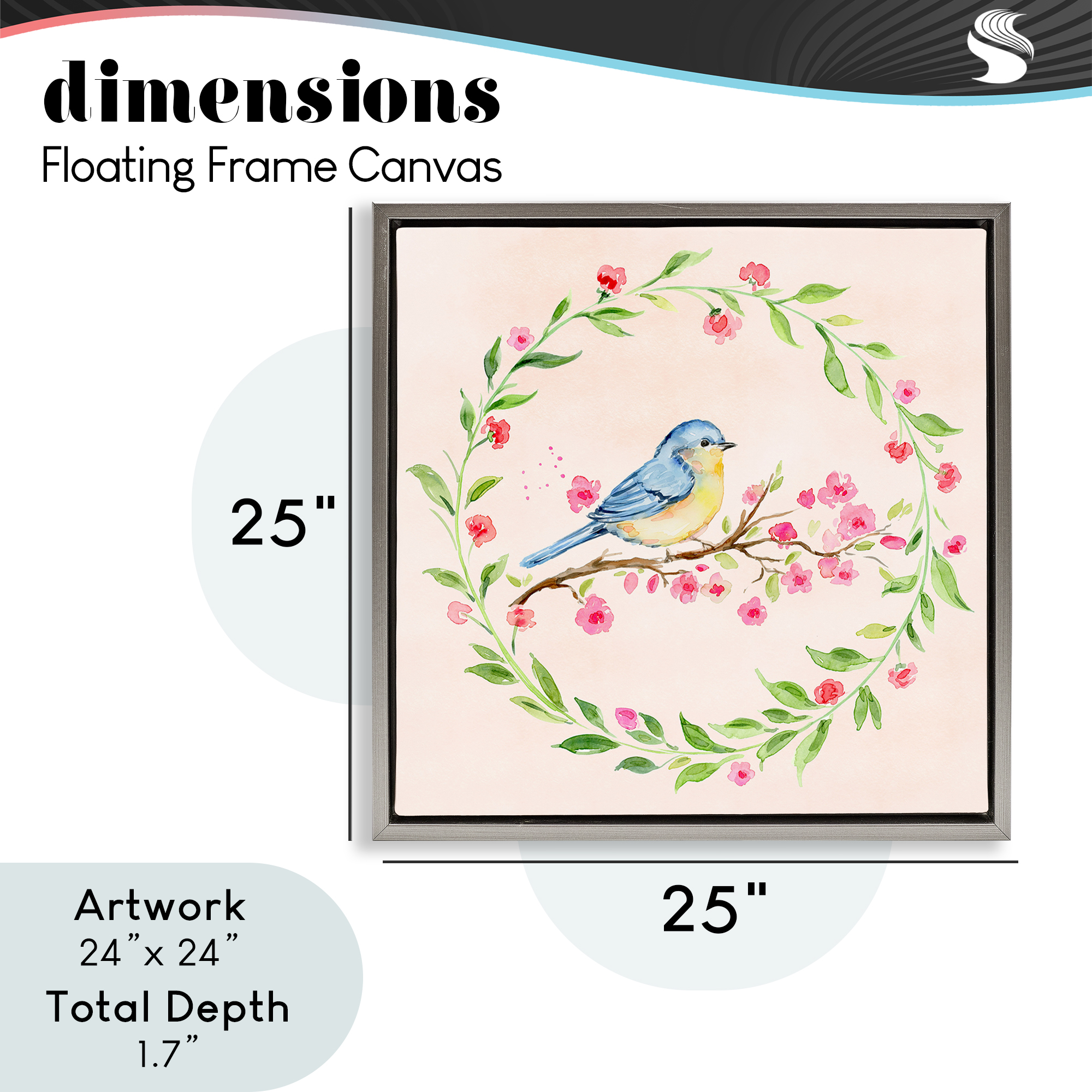 Spring Bird Wreath Perch Gray Framed Floater Canvas Wall Art, design by Elena Fay