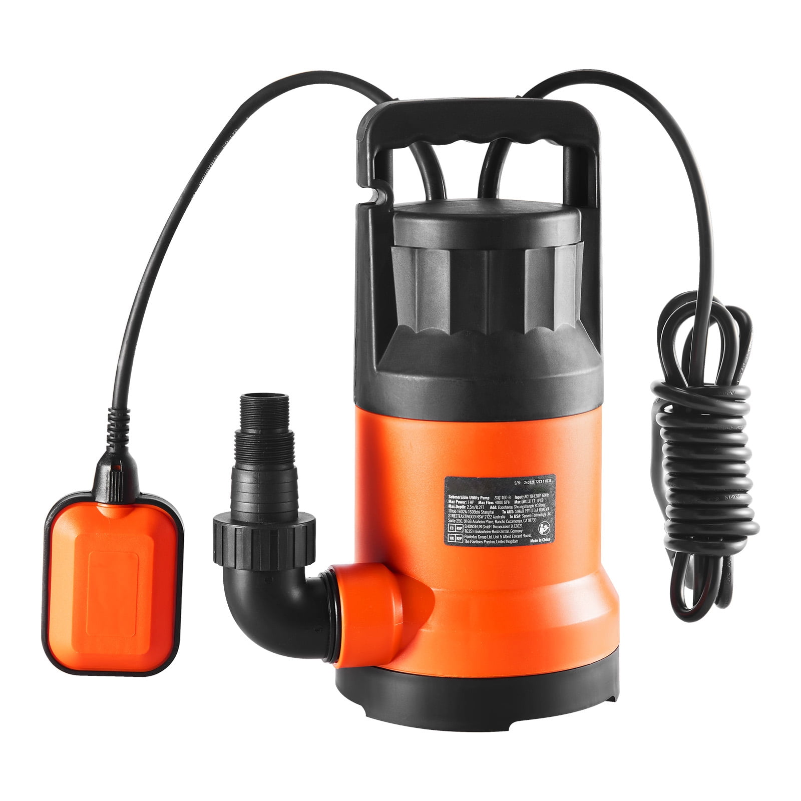 KFFKFF Water Removal Pump, 1 HP Power, 4000 GPH Flow Rate, 31 ft Max Lift, Submersible Sump Pump with 10 ft Power Cable for Pool, Garden Pond, and Basement Draining