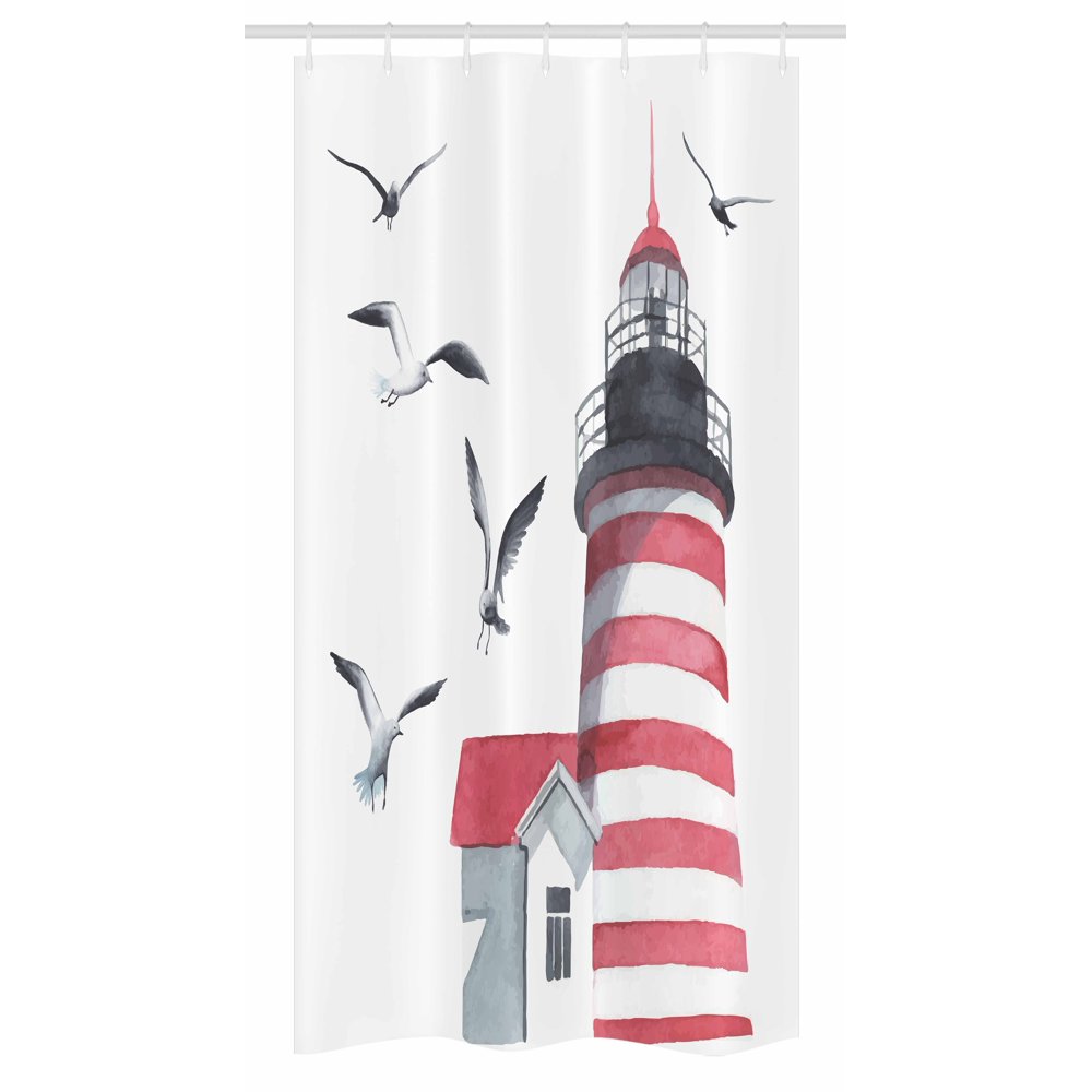 Lighthouse Stall Shower Curtain, Lighthouse and Seagulls on the Beach Navigational Aid Seaside