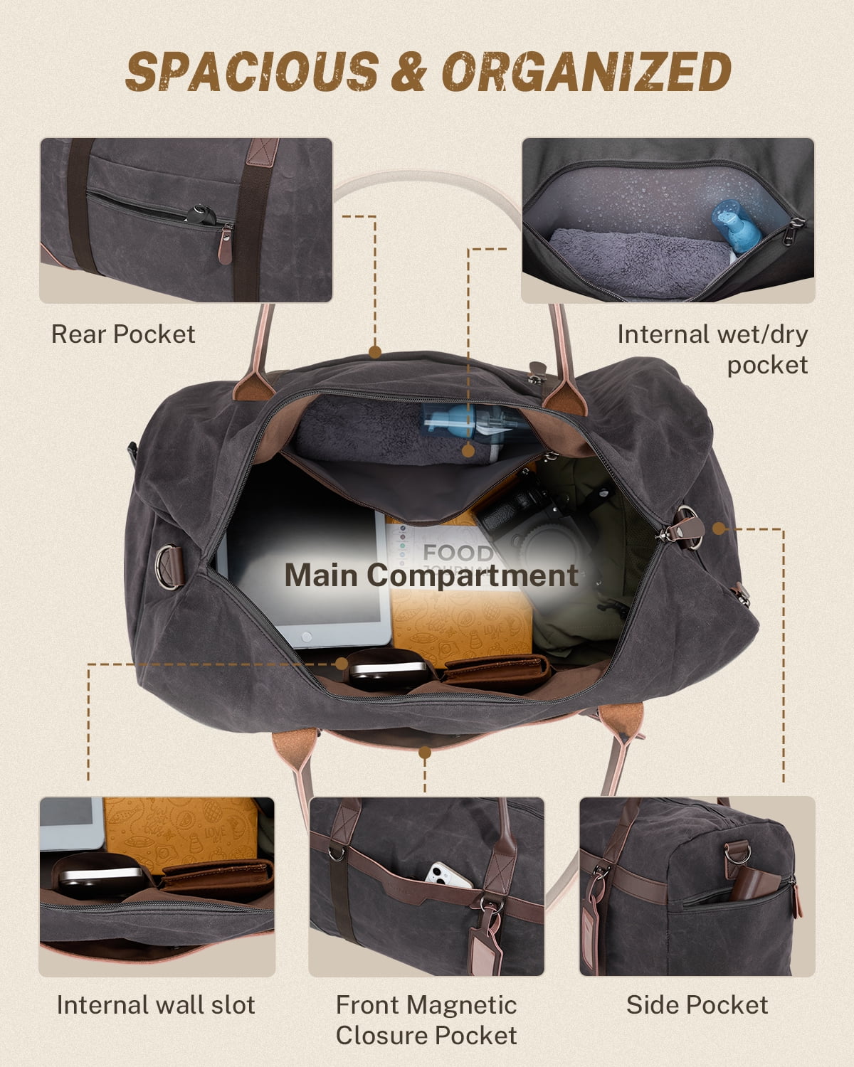 Gonex Waxed Canvas Duffle Bag, 55L Water-Resistant Travel Duffel, Vintage Overnight Weekender Bag with Shoes Compartment for Men & Women