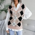 thumbnail image 3 of Women's Color Block Checkered Sleeveless Ribbed Knit Sweater Vest Casual Solid Color Loose Fit V-Neck Vest, 3 of 6