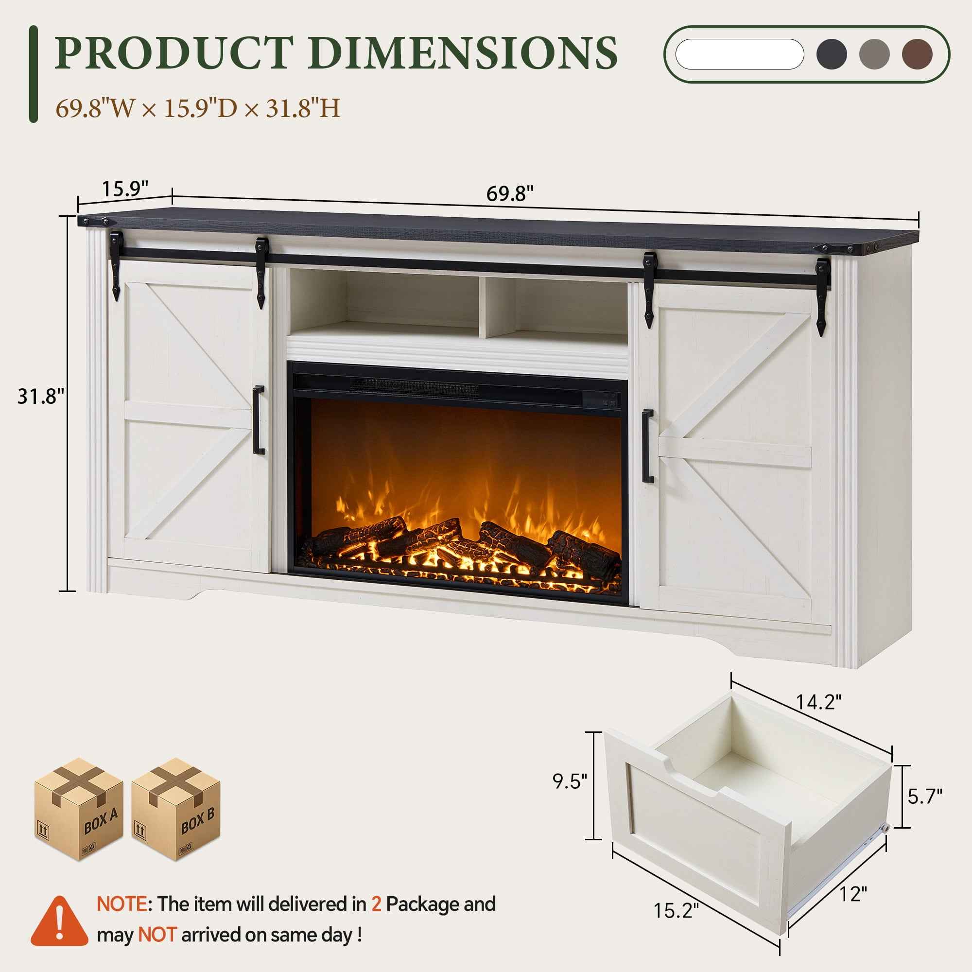 IFMUST Farmhouse Fireplace TV Stand for TVs up to 80", 30" Electric Fireplace & Barn Door