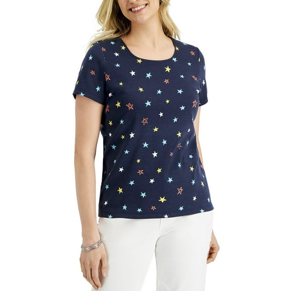 Karen Scott Women's Scoop Neckline Short Sleeve Star Power Tee Intrepid Blue (Intrepid Blue, L)