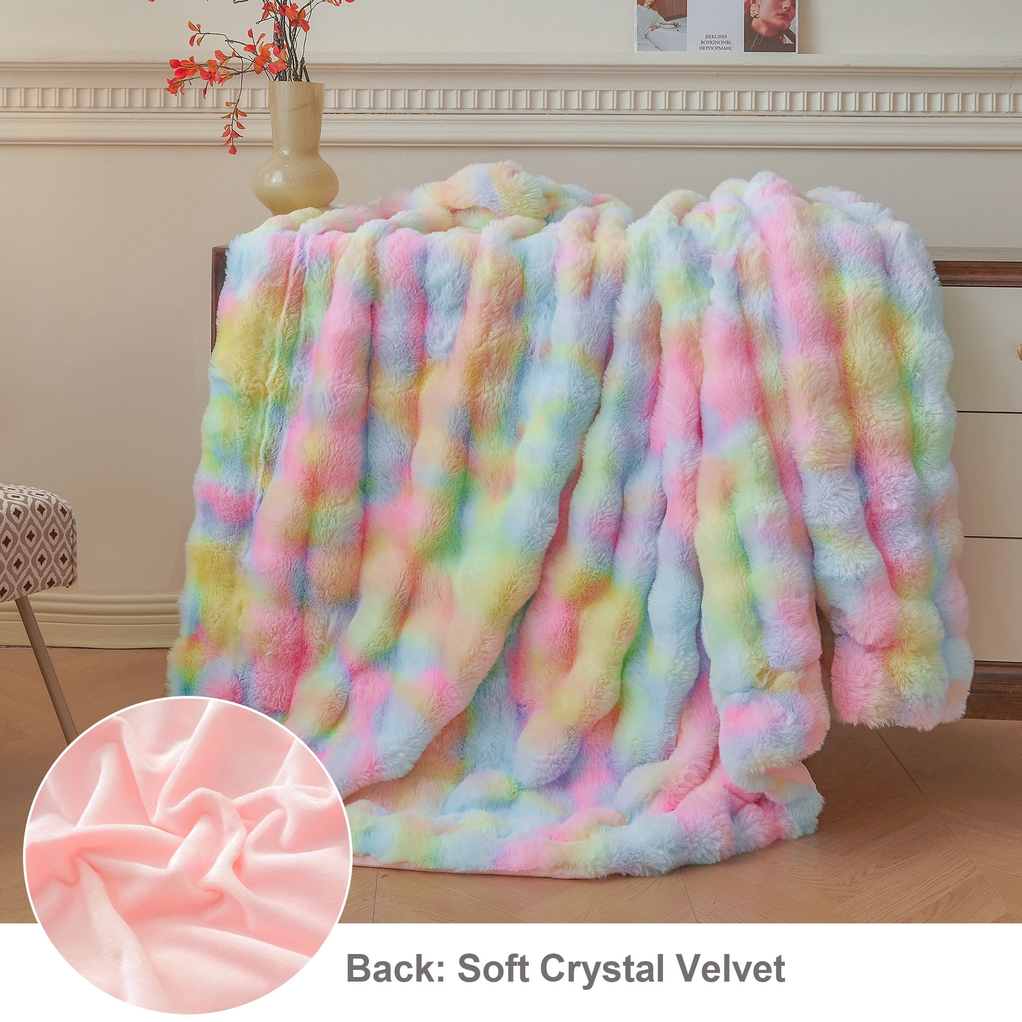 LIFEREVO Fluffy Faux Rabbit Fur Bubble Throw, Rainbow Plush Shaggy Blanket for Couch Sofa Chair, Soft Tie Dye Furry Blanket Adults Kids Girls, Fuzzy Throw for Bedroom Living Room, 50x60, Rainbow