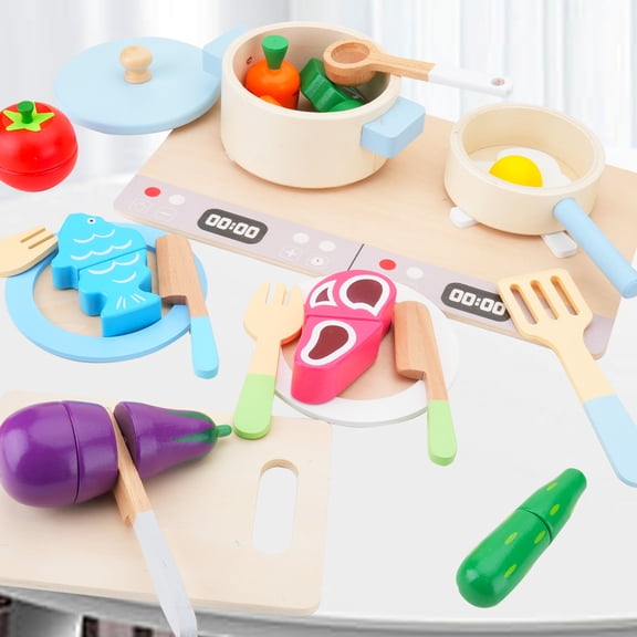 Play Kitchen Accessories, Wooden Play Cooking Set, Pretend Play Kitchen Set for Kids, Including Stove, Cookware Pots and Pans, Cooking Utensils Playset, ​Cutting Food Playset for Girls Boys Toddler