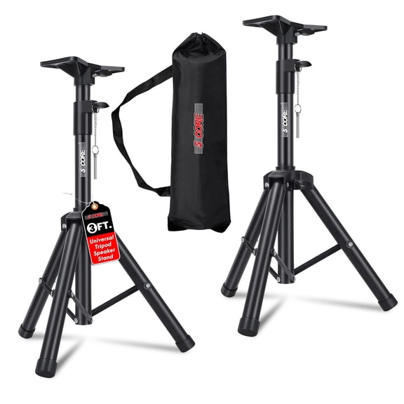 5 Core Speaker Stand Pair Height Adjustable 3Ft PA DJ Tripod Studio Monitor Stands Heavy Duty w 35mm Compatible Insert w Bag Black - SS HD 2PK 3FT BLK BAG