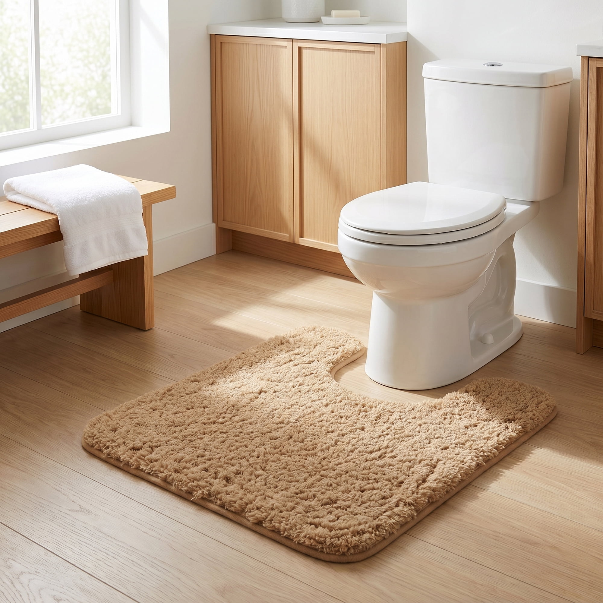 Unique Bargains U-Shaped Absorbent Non Slip Washable Plush Bath Mat Khaki 20" x 20"