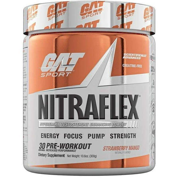 Gat Sport Nitraflex Testosterone Boosting Powder Increases Blood Flow Boosts Strength And Energy Improves Exercise Performance Creatine Free Strawberry Mango 30 Servings Walmart Com