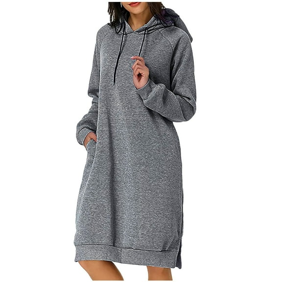 AOOCHASLIY Clothes Dress For Fall/Winter Women's Casual Solid Long Sleeve Pocket Pullover Hoodie Dress Waist Sweatshirt Dress