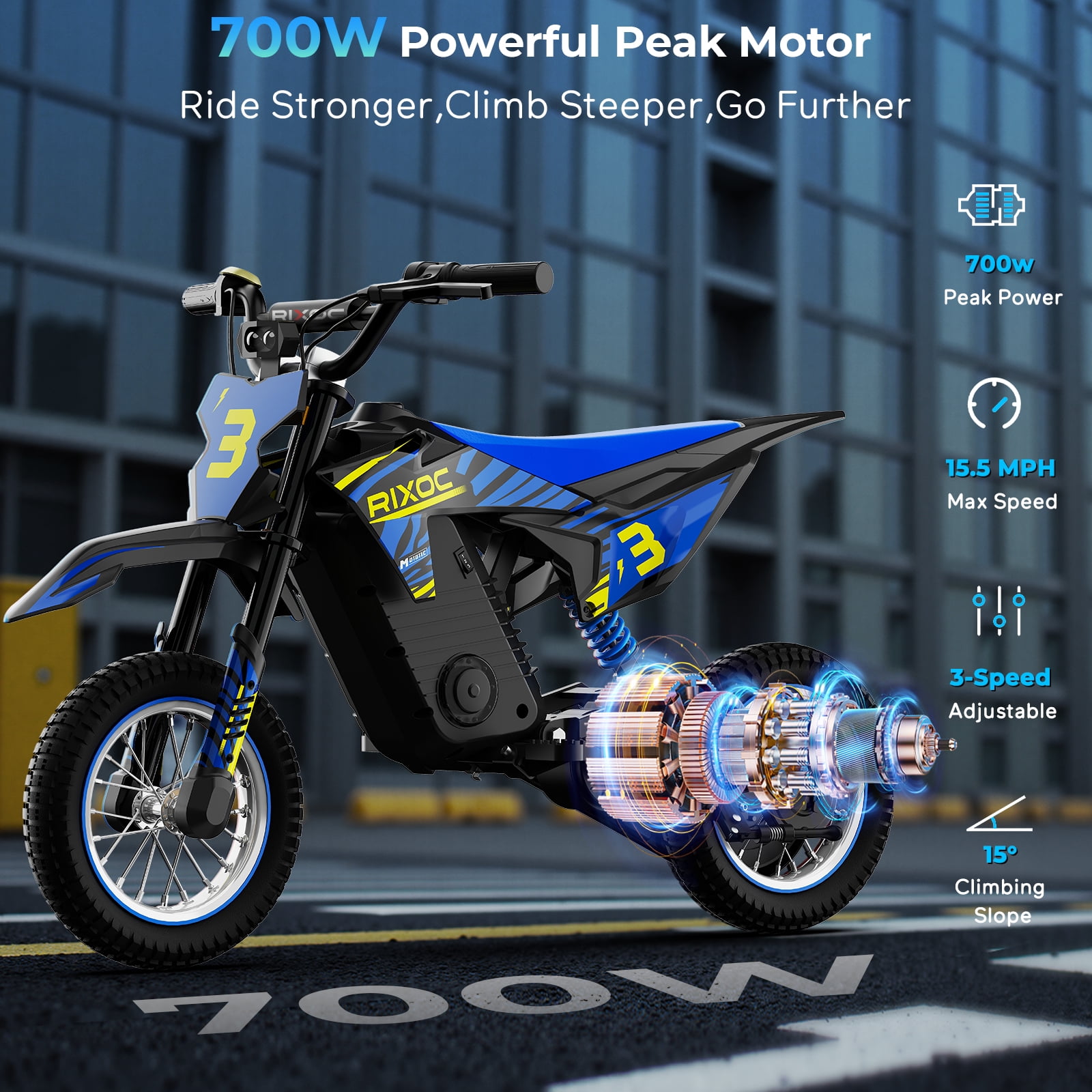 RIXOC DK-12 Electric Dirt Bike,3 Speed Modes up to 15.5 mph, 36V 5.2Ah Peak 700W Max 14Miles Electric Motorcycle for Kids Ages 3-8 UL2272