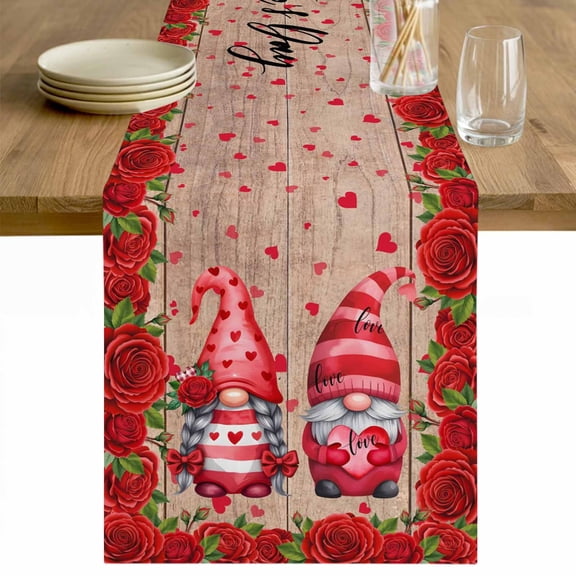 Valentine's Day Table Runner - 120 Inch Long Red Gnomes Roses Love Wood Grain Brown Cotton and Linen Blended Dress Scarves Farmhouse Table Runner for Kitchen Dining, Coffee Table, 13" x 120"