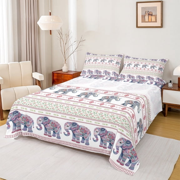 Manfei Cartoon Hippie Elephant Bed Sheets for Teen, Vintage Damask Floral King Sheets, Western Triangle Sheet Set, Luxury Bedroom Decor, 4pcs