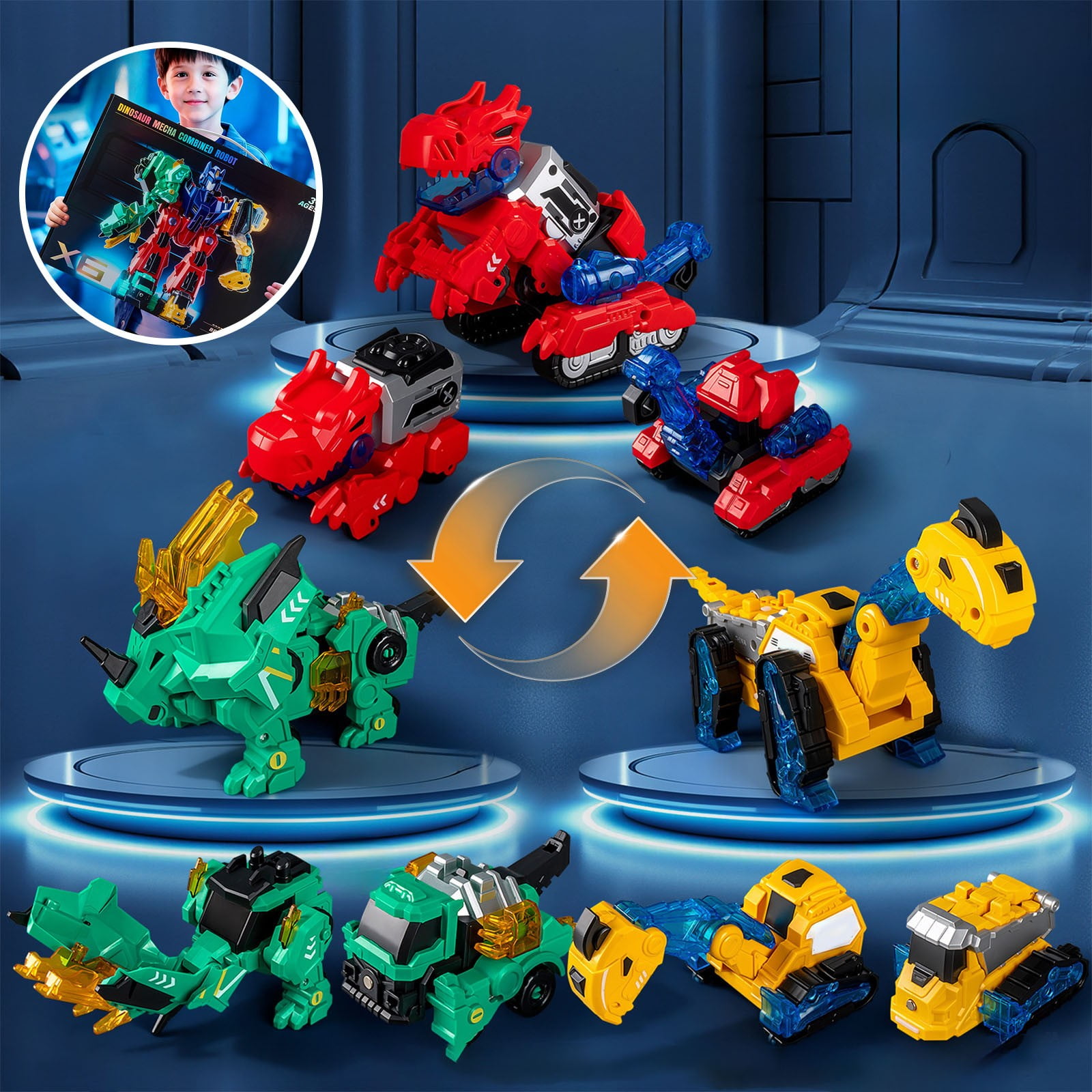 Rourlinge 6 in 1 Transforming Robot Toy Dinosaur Construction Vehicle Set Convertible Cars Assembly Kit for Action Figure Play Gift