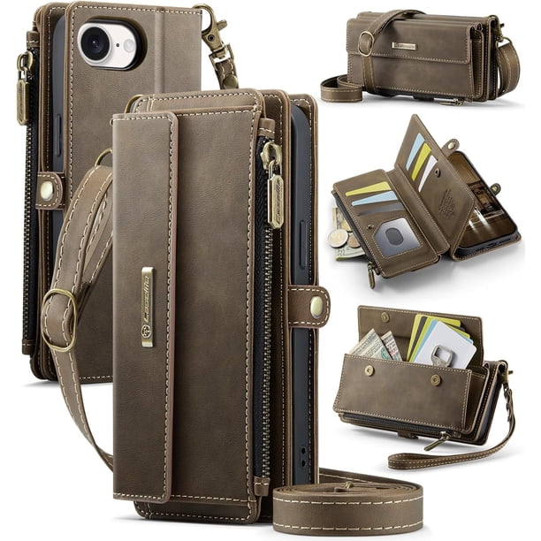 Funda Billetera para iPhone 16e – Funda para Teléfono de Cuero PU con Bloqueo RFID con Tarjetero, Bolsillo con Cremallera, Pata de Cabra, Cierre Magnético, Correa para el Hombro y la Muñeca
