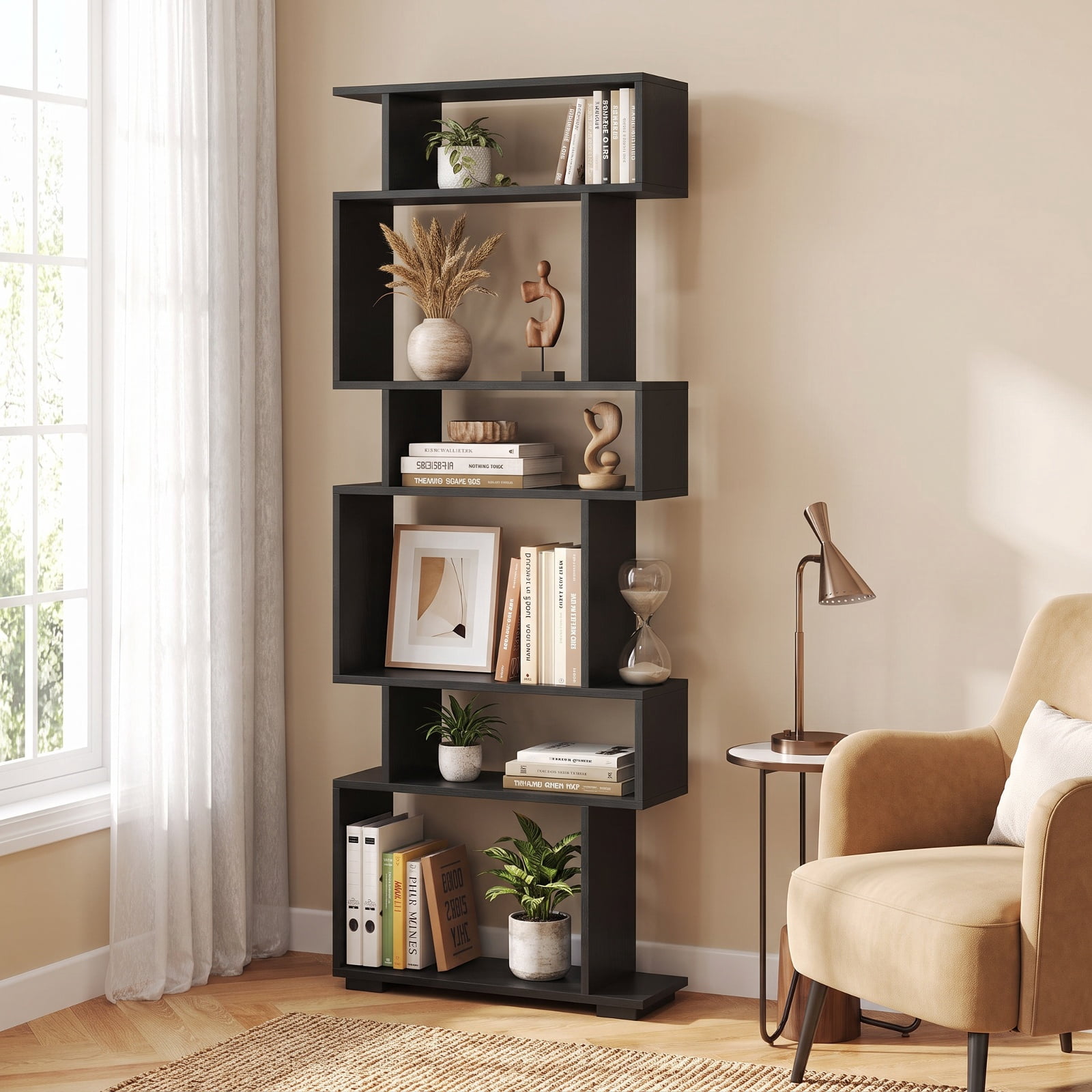Furnibear 6-Tier Geometric Bookshelf with 2 Anti-Tipping Kits for Home Office for Living Room Home Office Bedroom Display Storage Shelf, Black