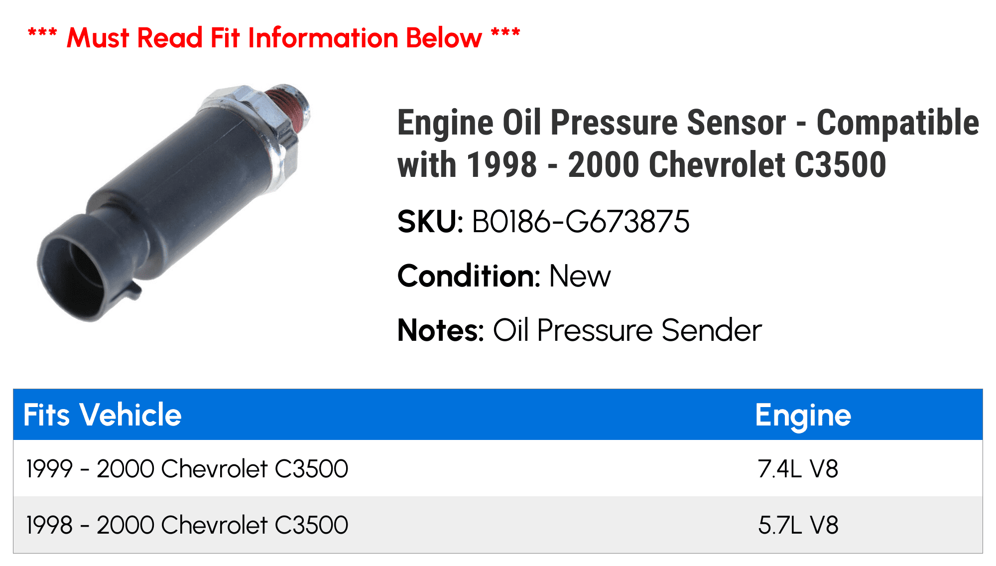 Engine Oil Pressure Sensor - Compatible with 1998 - 2000 Chevy C3500 1999
