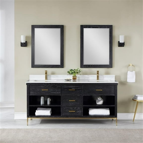 Kesia 72" Double Bathroom Vanity Set in Black Oak with Mirror