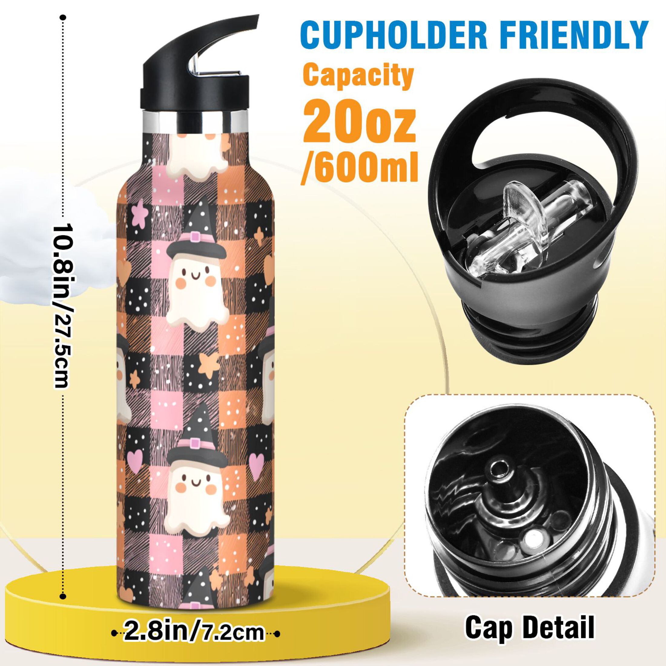 Kids Insulated Stainless Steel Sports Water Bottle 600ml (20oz) Hearts Stars and Ghost Pattern
