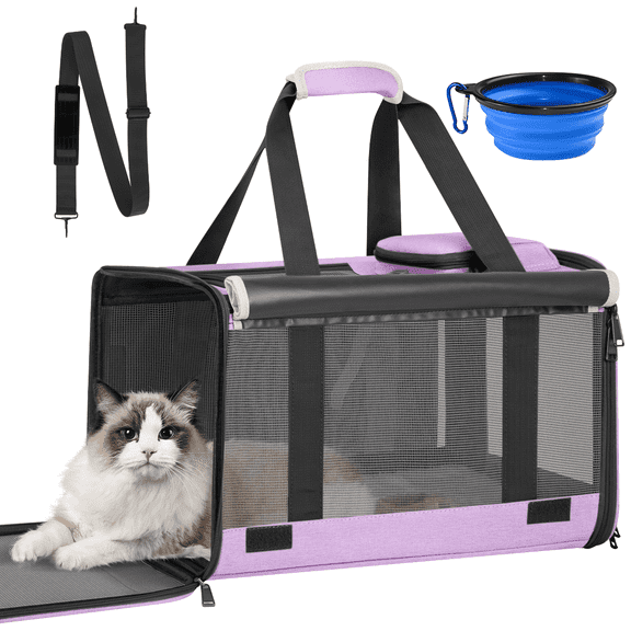 Cat Carrier, Large Cat Carrier for Medium Cats, Foldable Soft-Sided Pet Carriers under 25lbs with a Bowl, Mat, Travel Car Cat Carries for Outdoors, TSA Airline Approved, Purple