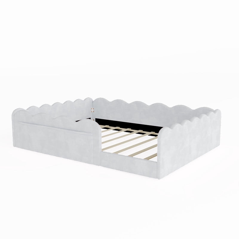 Full Size Upholstered Floor Bed, Faux Rabbit Fur Daybed Frame with 2 Storage Pockets, Kids Bed with Wavy Design Fence