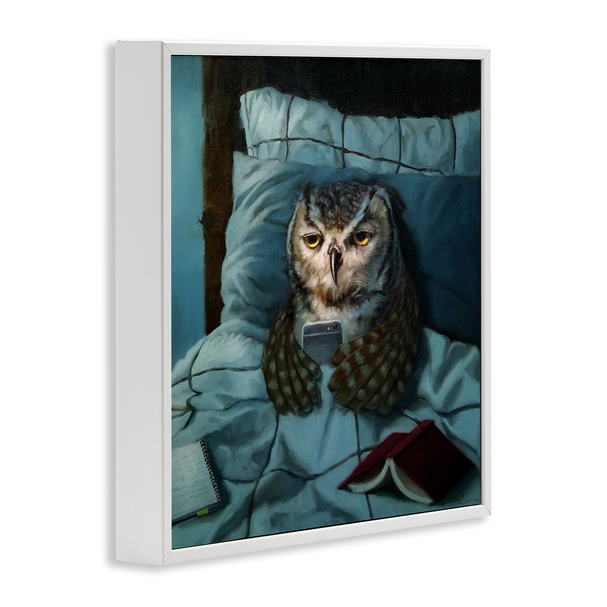 Stupell Industries Night Owl on Phone Animals & Insects Painting White Framed Art Print Wall Art, 24 x 24