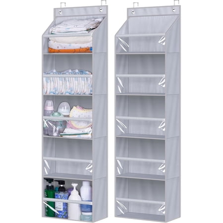 AOODA 2 Pack Over the Door Organizer, Large Capacity Closet Door Hanging Organizer, Clear Deep Pockets Baby Organizer Storage for Nursery, Bathroom, Bedroom, Pantry, Diapers (Grey) C33