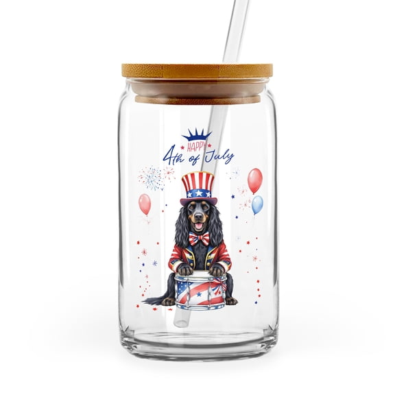 Happy 4th of July Patriotic Afghan Hound Marching Band Uniform Balloons Fireworks 16oz Glass Cup Mug Dog Lover Glass Can with Bamboo Lid and Straw - 13009