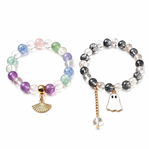 Beaded Bracelet Set 2 with Fan and Ghost Charm Stretch Elastic Crystal Style Jewelry for Women Girls Daily Wear Gift