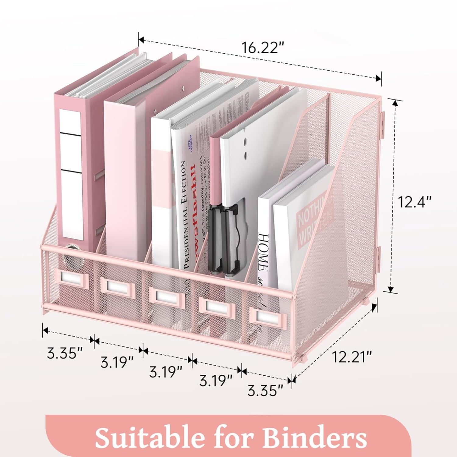 INTIGE Metal Mesh Desk File Organizer with 5 Vertical Compartments, Pink, Desk Organizer, Plus, Assemble