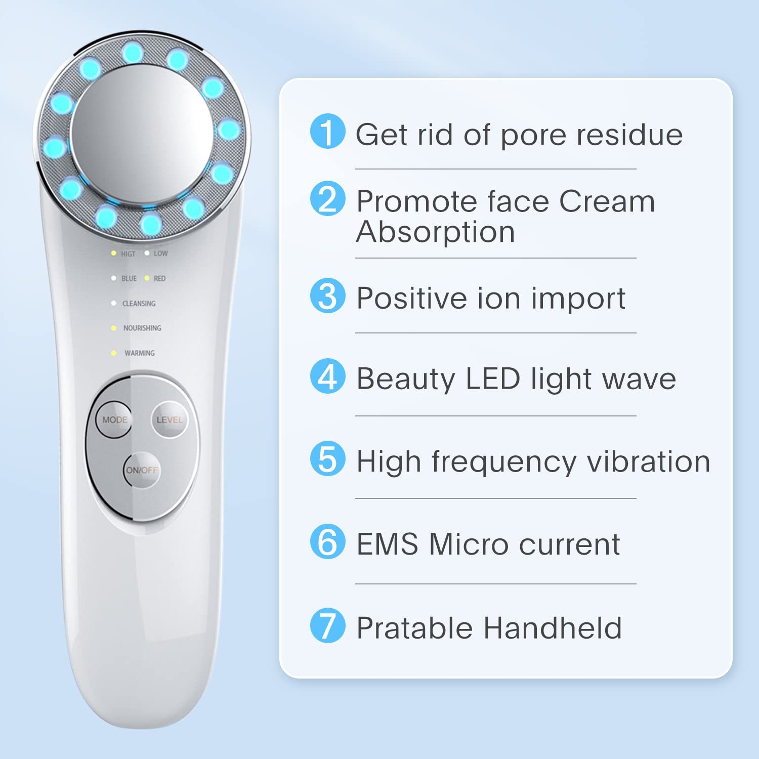 Facial Massager 7 In 1 Face Cleaner Lifting Machine Skin Care Tool Led Blue And Red Light Wave