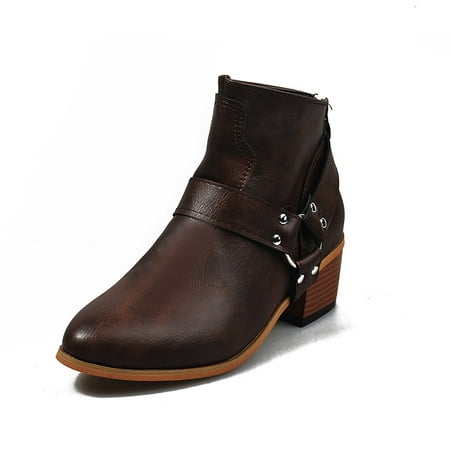 

asdoklhq Womens Boots Clearance Under $20 Square Heel Buckle Strap Solid Color Mid Boot Keep Warm Snow Boots