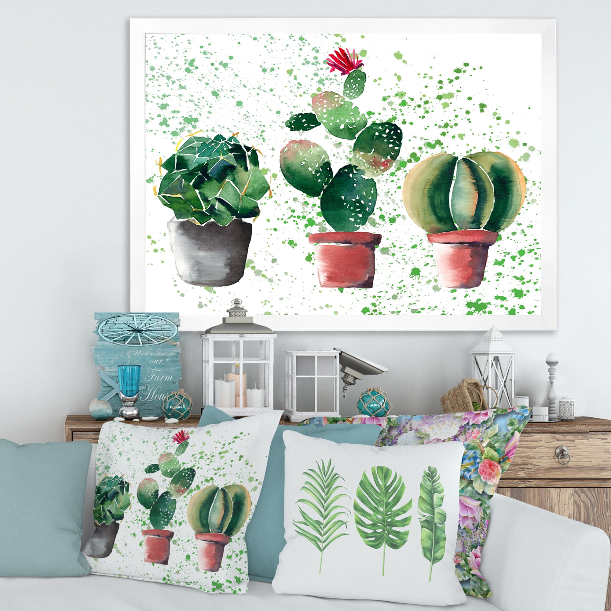 Designart 'Three Cacti In Clay Pots With Green Dots' Traditional Framed Art Print