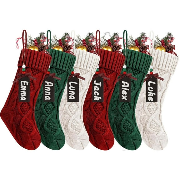 6Pack Christmas Stockings, 18 Inches Large Size Personalized Christmas Stockings, Knitted Stocking Gift bag with Name Tags, Fireplace Stockings for Family Christmas Party Decoration(Red White Green)