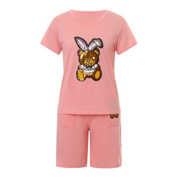 VISgogo - Conjunto de 2 piezas de verano para mujer, con estampado de oso de lentejuelas, camisetas de manga corta y pantalones cortos de cintura alta VISgogo moda