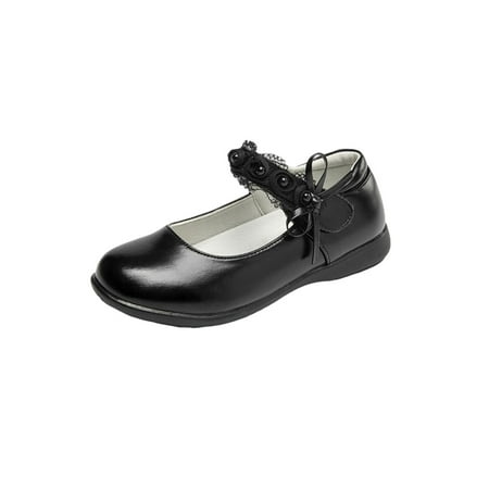 

Daeful Girl s Dress Shoes Magic Tape Faux Leather Shoe Princess Flats Lightweight Non-slip Loafers Party Mary Jane Faux Leather Black 11.5C