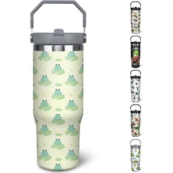 30 oz Frog Tumbler With Handle and Straw, 30oz Frog Flip Straw Tumbler Insulated Coffee Travel Mugs Cup Water Bottle Frog Gifts for Frog Lovers Women Girls