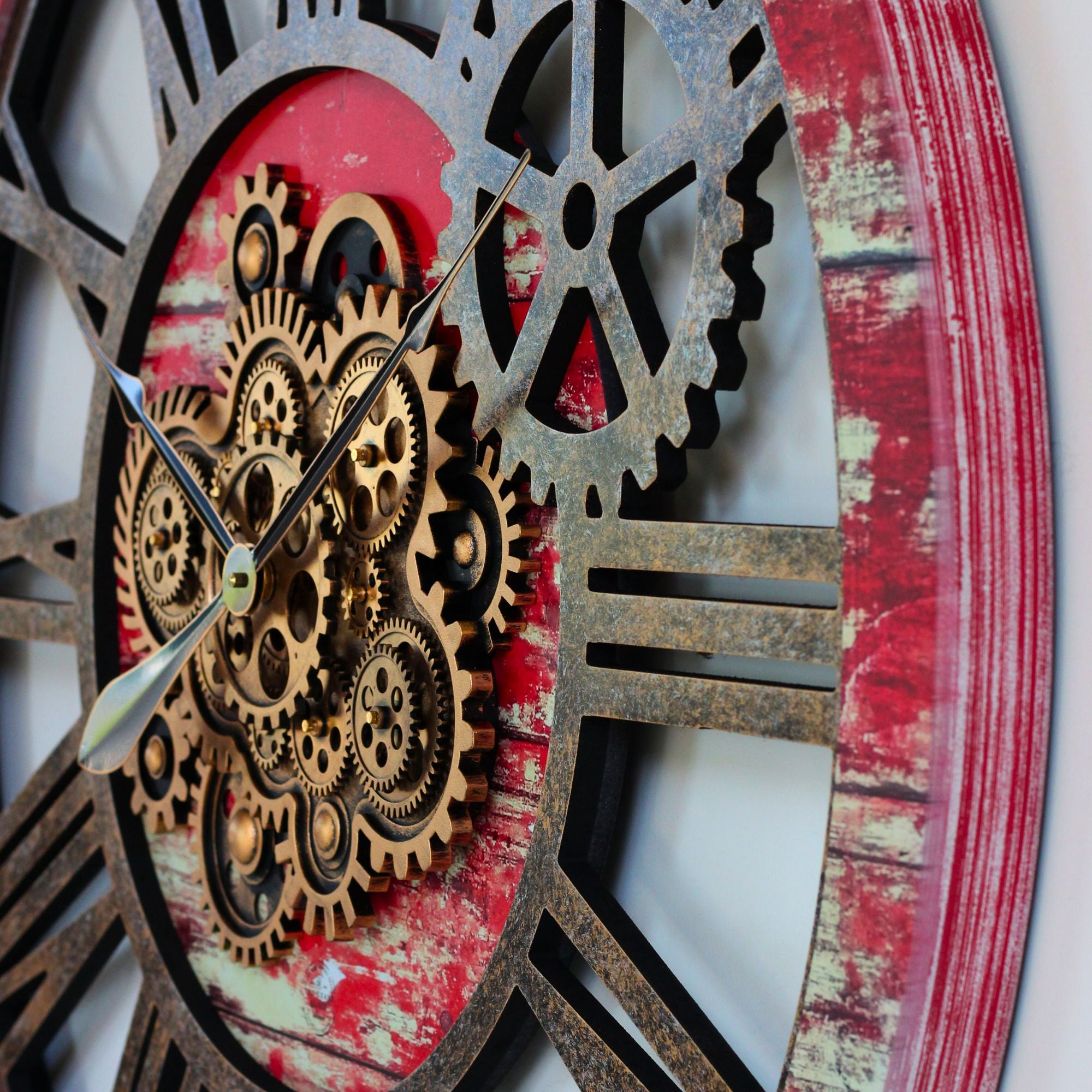 THE GEARS CLOCK Wall Clock with Real Moving Gears AM-LI_ 36 in Round Red-Lava