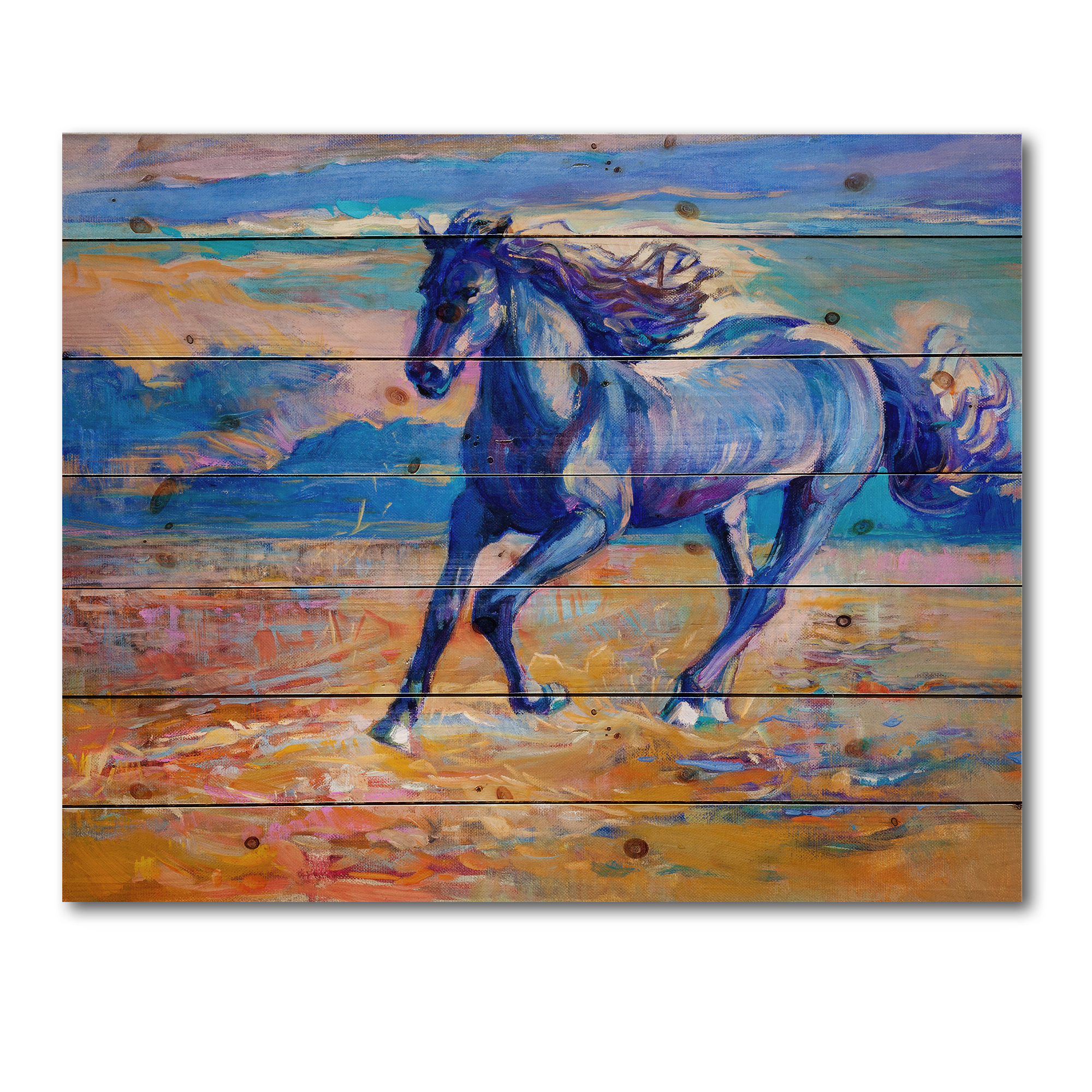Designart 'Abstract Blue Horse Galoping Over The Prairie' Farmhouse Print on Natural Pine Wood