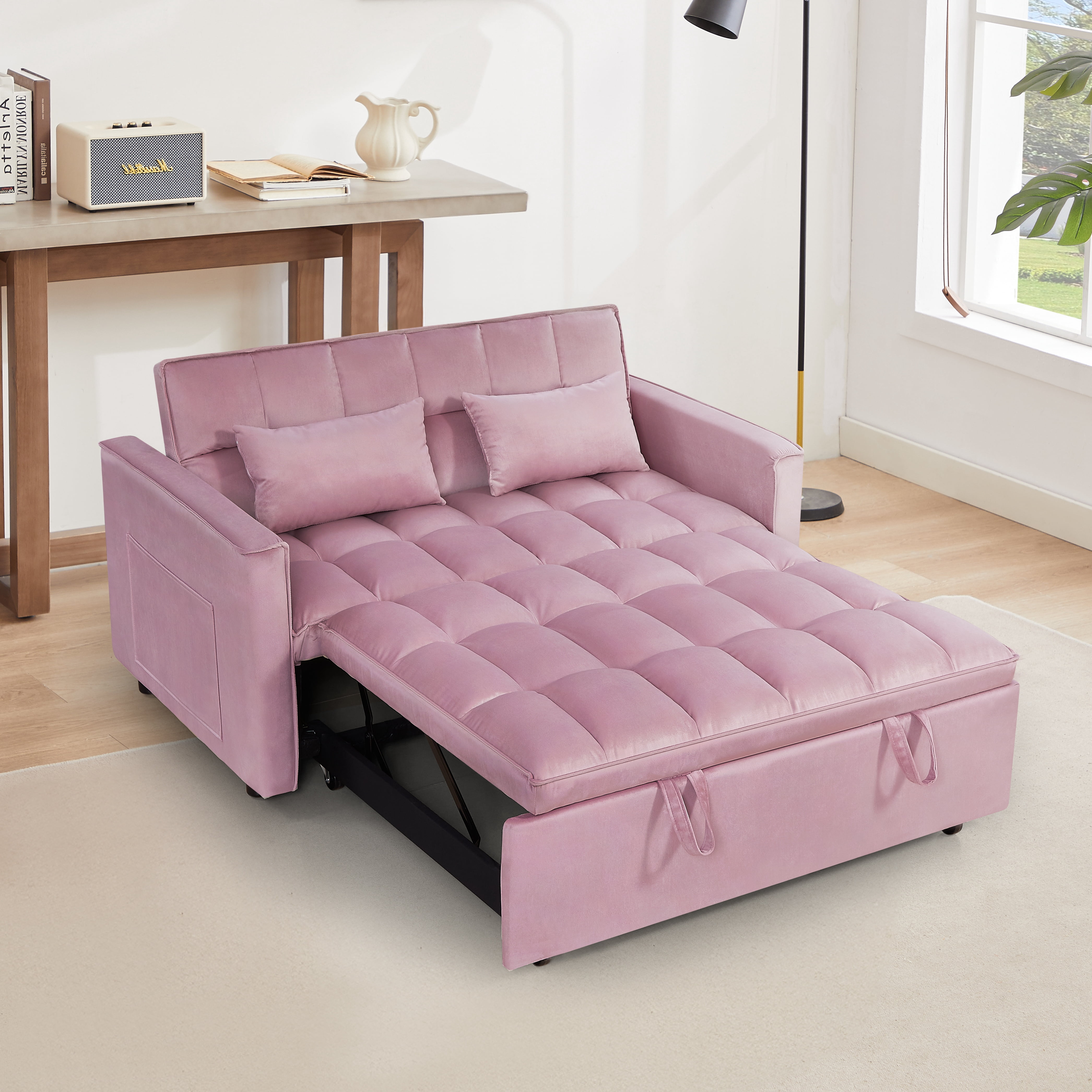 Gewnee 54" 3 in 1 Convertible Sleeper Sofa Bed,Velvet Pull Out Couch with Adjustable Backrest,Loveseat with Pillows & Pockets for Living Room,Apartment,Pink
