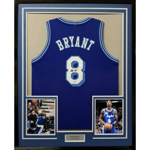 Framed Autographed/Signed Kobe Bryant 35x39 Los Angeles LA Retro Blue Basketball Jersey PSA/DNA COA