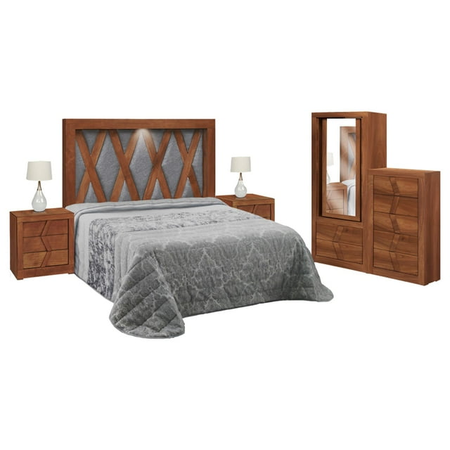 Recamara King Size Diamante 5 Piezas Nogal - Kessa Muebles