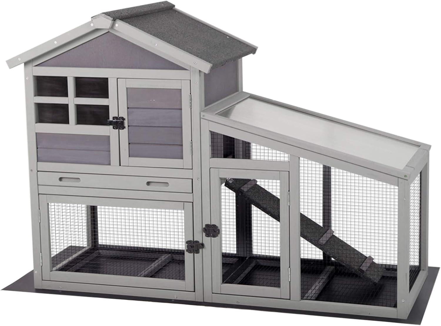 MEDEHOO Rabbit Hutch Outdoor Chickecn Coop with PVC Layer Wooden Bunny Cage Guinea Pig Houses Indoor with Pull Out Tray,Bottom Wire Netting