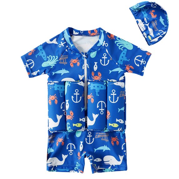 Child Boy Girl Short Sleeve One Piece Floation Swimsuit+Cap Buoyancy Swimwear,2-9T