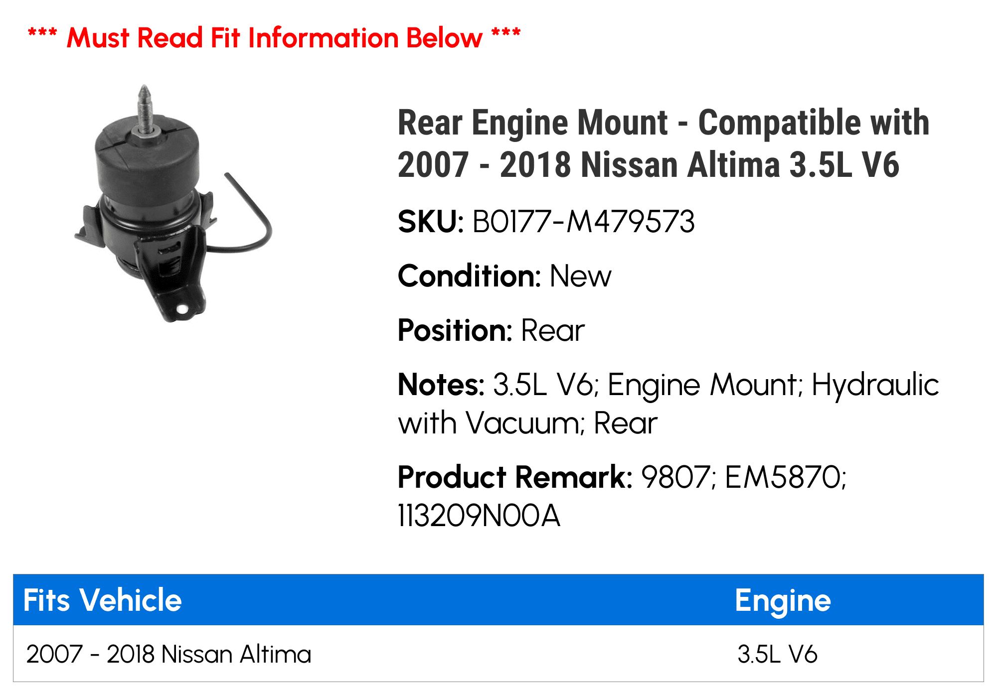 Rear Engine Mount - Compatible with 2007 - 2018 Nissan Altima 3.5L V6 2008 2009 2010 2011 2012 2013 2014 2015 2016 2017