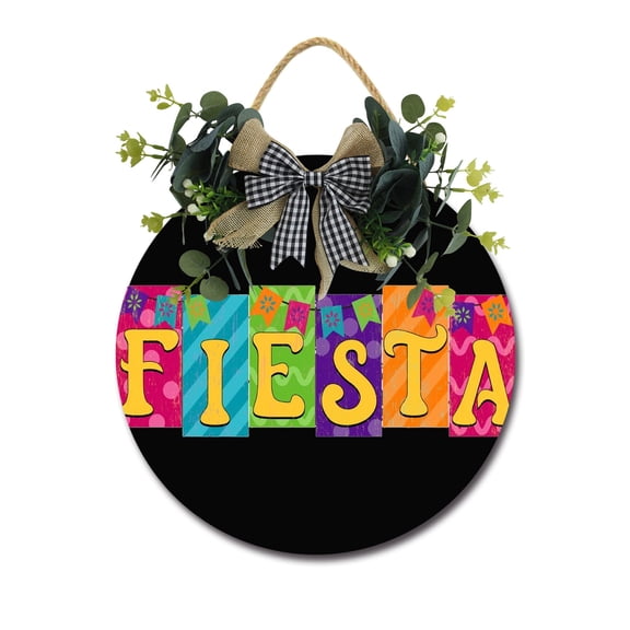 Fiesta Front Door Sign Funny Wreaths Hanging Wooden Plaque Decoration Round Rustic Wood Farmhouse Porch Decor for Home Front Door Decor, 11 x 11 Inch