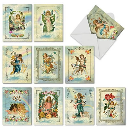 'M6446OCB ANGELIC NOTES' 10 Assorted All Occasions Note Cards Featuring Heavenly Angels Beautifully Framed With Flowers Musical Instruments and Birds with Envelopes by The Best Card