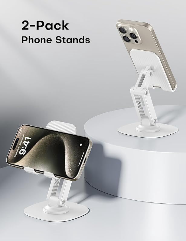 Cell Phone Stand for Desk, 2 Pack Adjustable Foldable Phone Holder, 360 Swivel Mobile Stand Fit for iPhone 16 15 14 13 12 Pro Max and All Smart Phones, Black & White