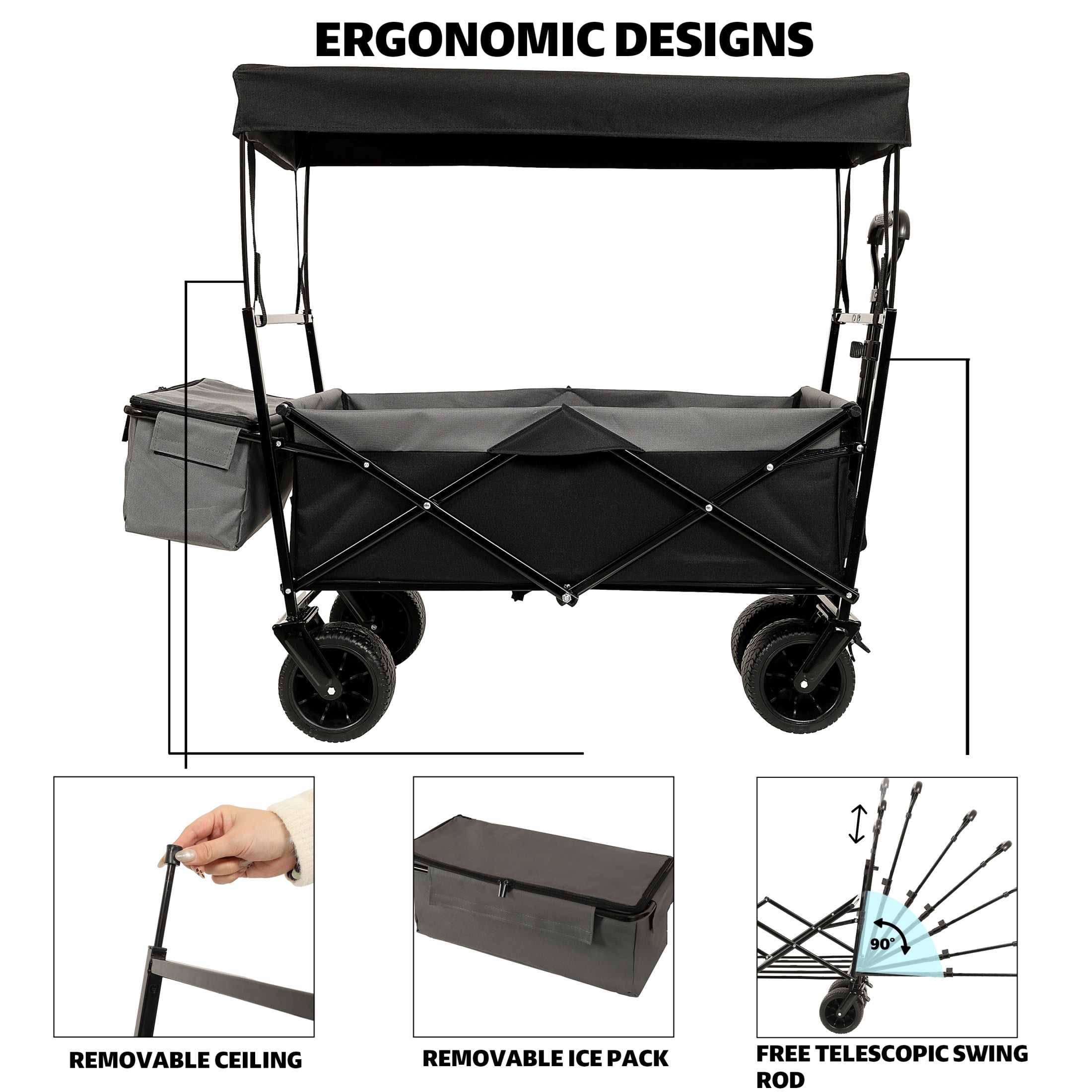 GDF Studio Collapsible Wagon Stroller with Removable Canopy and Mosquito Net, 7" All-Terrain Wheels, Black